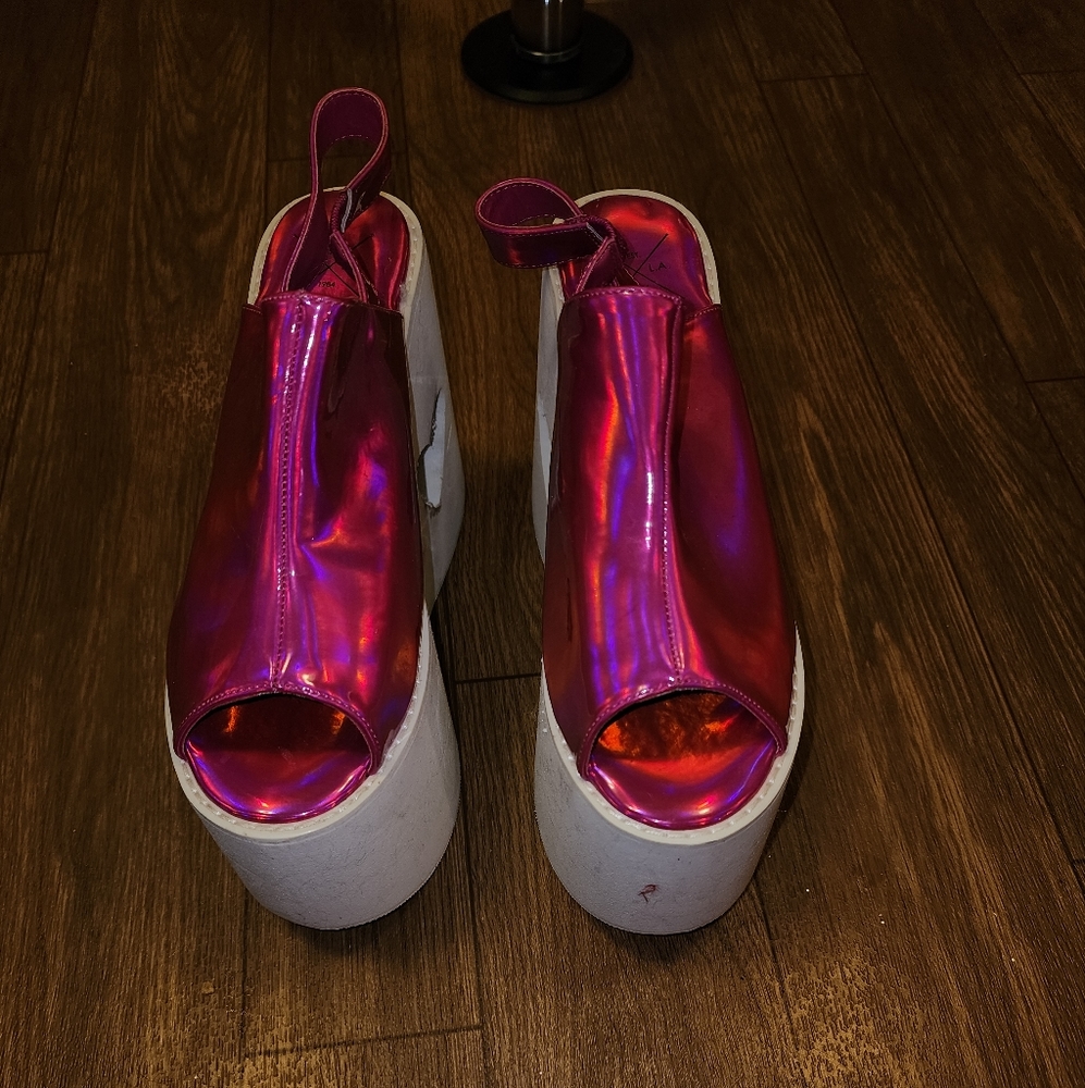 Dolls kill pink reflective platform heart shoes
